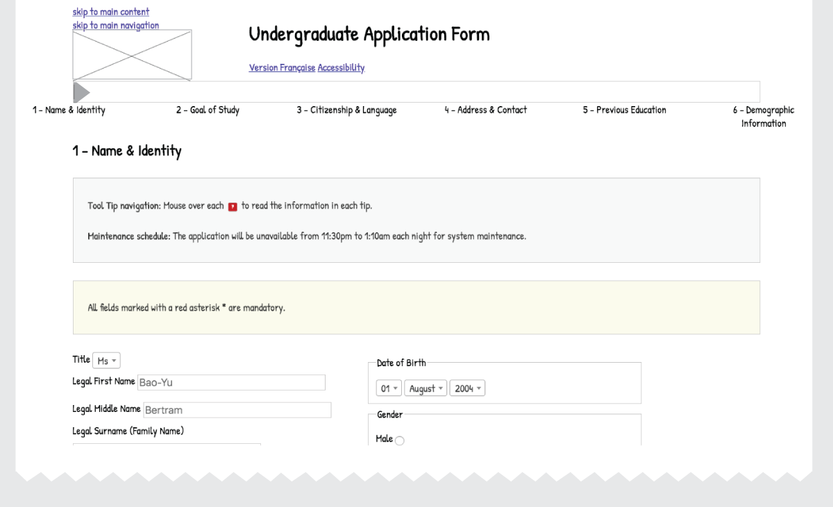 Wireframe for application form to York u