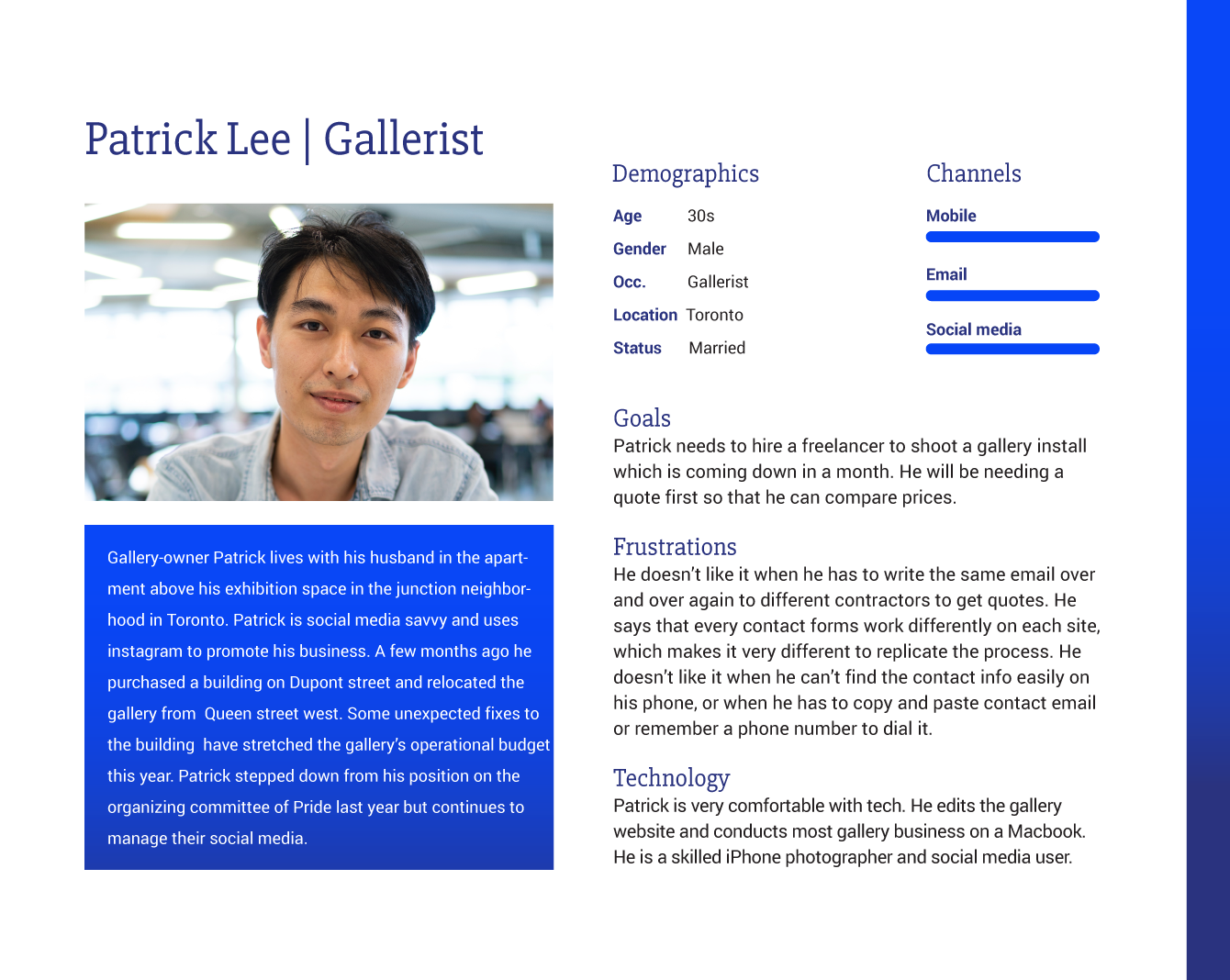 Gallerist persona which describes goals, frustrations and channels for this user type