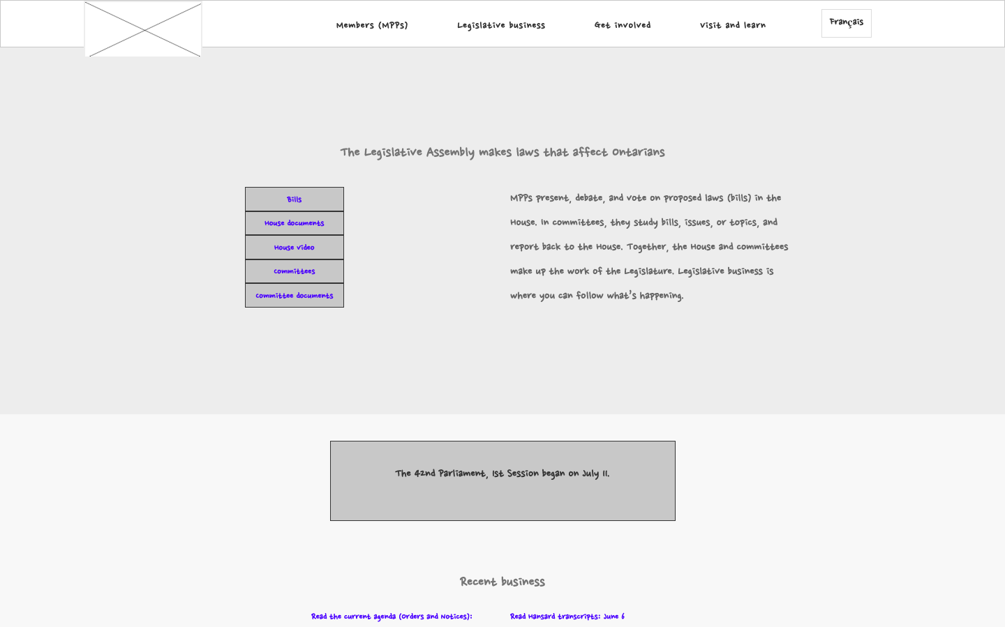 Wireframe of the Legislative Business landing page