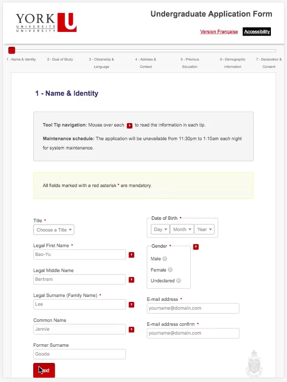 Animated screenshot showing the different screens of the York University application form